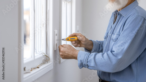 Electrician Installing Light Switch with Manual Screwdriver Indoors.