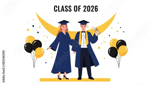 Happy male and female graduates in cap and gown celebrating their 2026 commencement ceremony with balloons