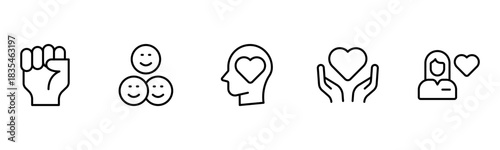 Heart, love, care, help, charity, and donation outline icons are set isolated on a white background in a flat vector illustration.