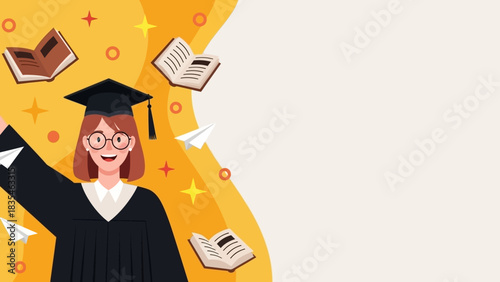 Happy graduate student in cap and gown celebrating commencement day 2026, banner with flying books and copy space