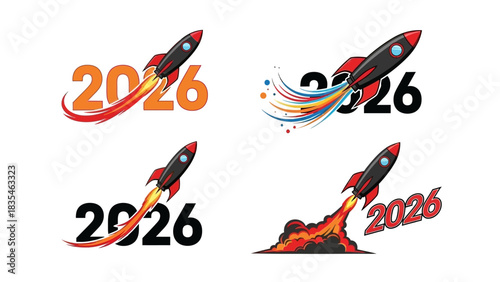 A set of creative 2026 New Year illustrations featuring a rocket launch symbolizing startup success and future growth
