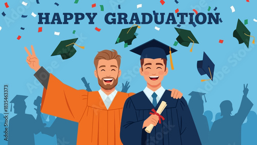 Two happy male students in academic gowns celebrating their university graduation ceremony with diplomas and confetti