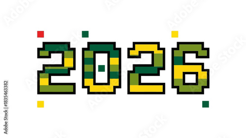 Colorful number 2026 in a retro 8-bit pixel art style. Digital typography design for new year celebrations and futuristic concepts