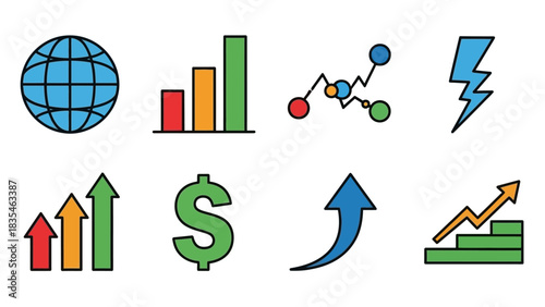 A versatile set of colorful line icons representing business growth, financial analytics, global markets, and future trend projections for 2026