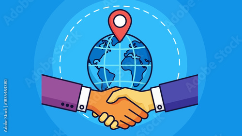 Illustration of a global business partnership with a handshake over a world map and location pin for international expansion