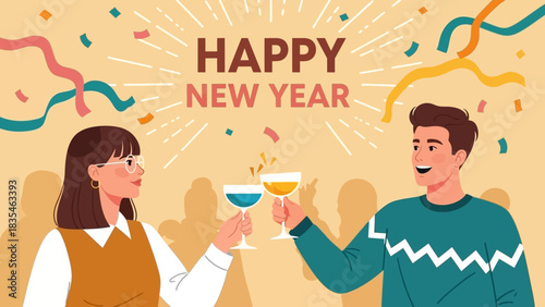 Cheerful young couple celebrating the New Year 2026 with a festive toast, clinking glasses at a party with confetti