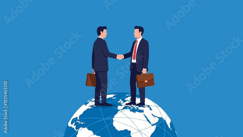 Concept of a global business agreement with two businessmen shaking hands on planet Earth. A symbol of international partnership and successful corporate cooperation