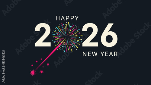 Happy New Year 2026 greeting card with colorful fireworks celebration on a dark background