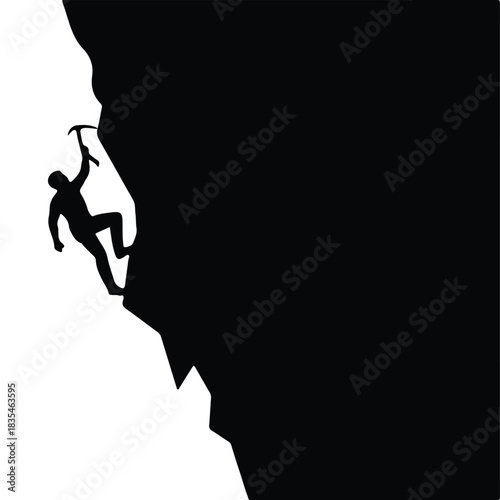 Black silhouette vector of a mountain climber with ice pick on steep cliff