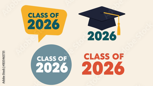 Collection of Class of 2026 vector icons and emblems for graduation celebrations, high school, and college events