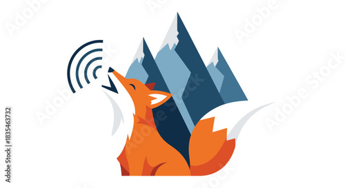 Graphic depicts an orange fox howling at signal in front of mountains