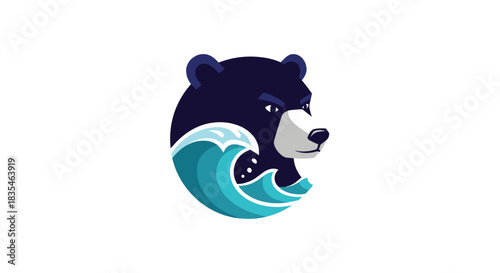 Modern logo with a navy bear head encircled by stylized turquoise waves