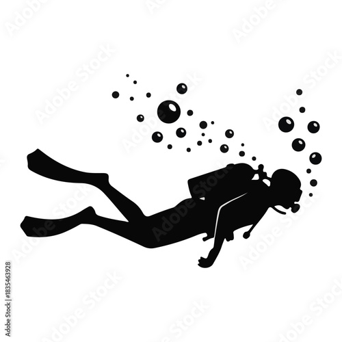 Black silhouette vector of a scuba diver swimming with bubbles underwater