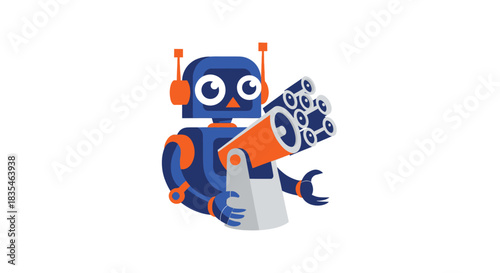 A blue/orange robot holding a multi-lens camera