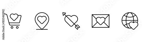 Heart, love, care, help, charity, and donation outline icons are set isolated on a white background in a flat vector illustration.