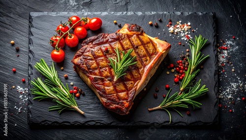 Saftig gegrilltes T-Bone-Steak mit aromatischen Gewürzen auf einer dunklen Schieferplatte