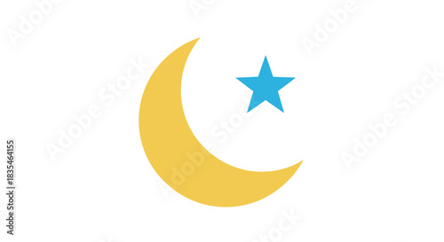 Isolated graphic of a gold crescent moon near a blue star on white