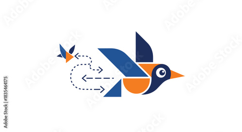 Stylized geometric bird flying with arrows indicating flight path
