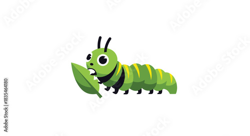 Green cartoon caterpillar munching on leaf with surprised expression