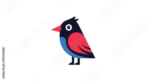 Stylized bird with geometric shapes, red wings, blue belly, black head