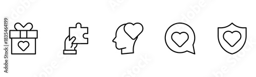 Heart, love, care, help, charity, and donation outline icons are set isolated on a white background in a flat vector illustration.