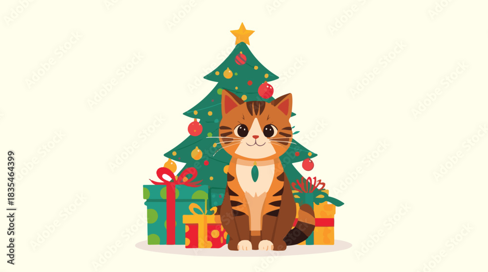 Fototapeta premium Vector illustration of a Christmas background featuring a cute cat sitting in front of a decorated tree with colorful ornaments and shiny lights, surrounded
