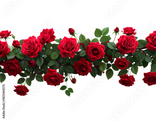 Red Rose Vine with Lush Green Leaves, Side View, Transparent PNG