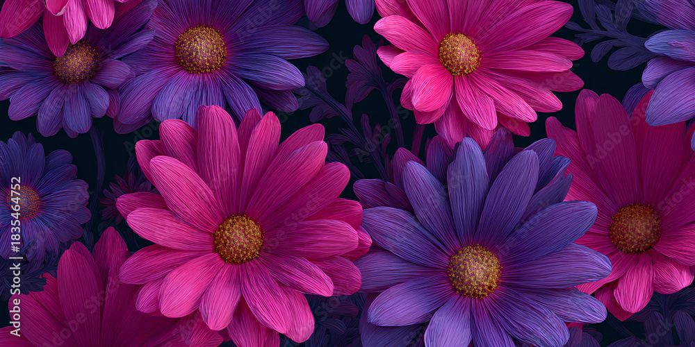 Obraz premium Vibrant pink and purple daisy flowers on a dark background beautiful floral botanical design
