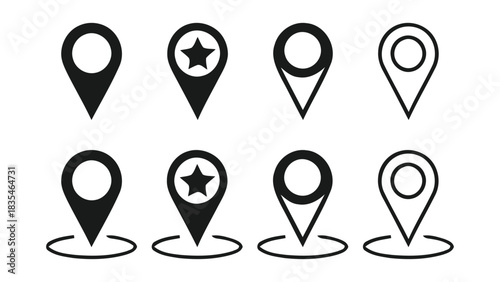 Collection of eight diverse map pin location marker icons in black and white