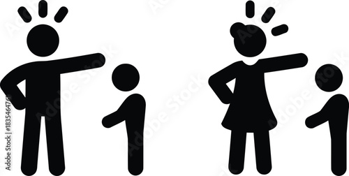 people, attention, design, male, adult, white, communication, teaching, female, call, parent, figure, silhouette, child, simple, two, instruction, pointing, showing, learning