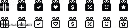 gift, box, present, icon, symbol, plus, checkmark, heart, dollar sign, percentage, smiley face, star, ribbon, bow, black, white, design, graphic, illustration, set, collection, white background