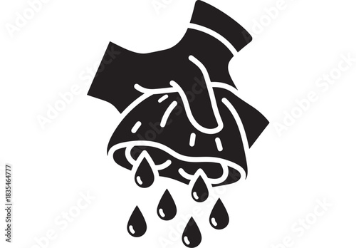 Professional hand firmly squeezing wet cloth releasing dripping water droplets essential cleaning or laundry task icon