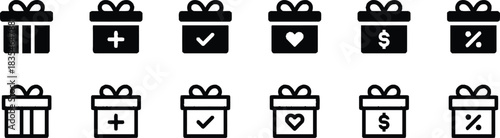 gift, box, present, icon, symbol, plus, checkmark, heart, dollar sign, percentage, ribbon, bow, black, white, design, graphic, illustration, set, collection, white background