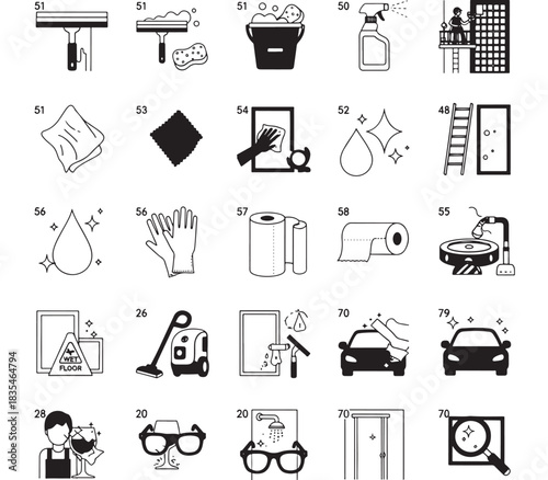 Essential collection of professional cleaning and maintenance icons covering glass washing tools, home care supplies, and sparkling results