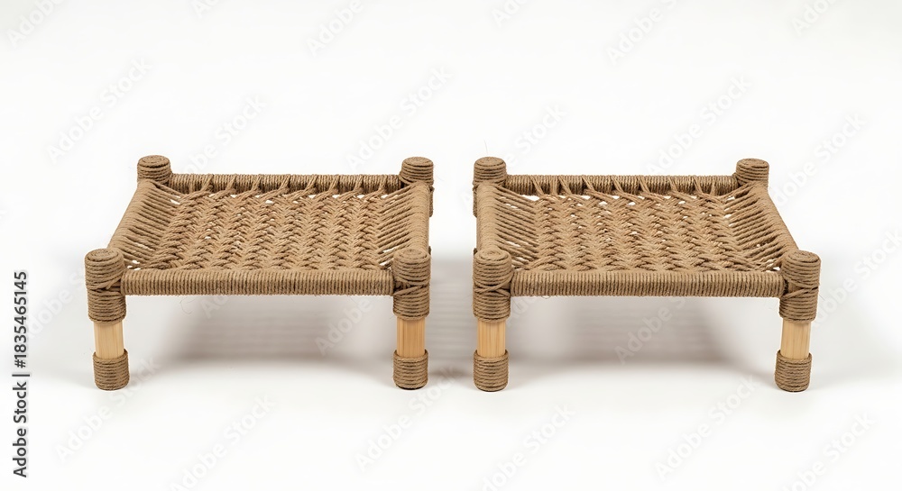 Fototapeta premium Two woven rope stools furniture design handcrafted seating bohemian style home decor accent pieces modern interior