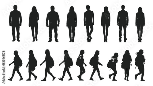 Collection of diverse silhouettes of people standing and walking with backpacks