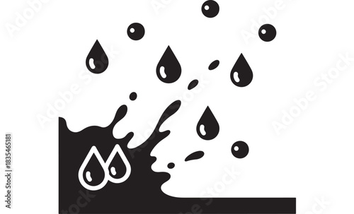 Dynamic black and white icon representing splashing water drops and liquid overflow perfect for plumbing or moisture alerts