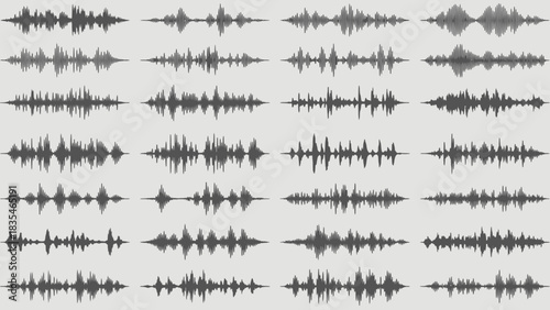 Black Audio Waveform Icon Set Featuring Unique Sound Patterns – Ideal for Sound Design, Music Branding, and Visual Storytelling in Audio Analysis, Speech Recognition, and Sonic Illustration