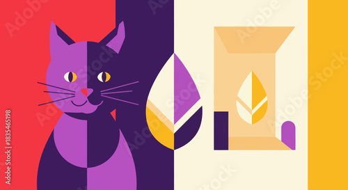 Abstract Cat and Leaf Design with Geometric Shapes.
