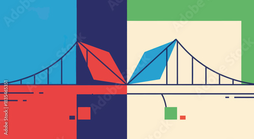 Abstract Bridge Illustration with Geometric Shapes and Contrasting Colors.