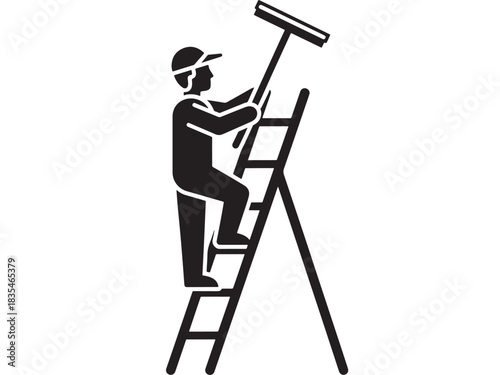Professional window washer climbs tall ladder using squeegee tool for sparkling clean exterior maintenance tasks and service concepts