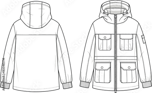 Men's or unisex hooded utility parka jacket technical fashion flat template, detailed four flap pockets, ribbed cuffs, design outerwear vector sketch.