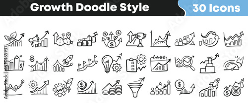 Growth doodle icon set with hand drawn business expansion, finance, performance, roadmap and success symbols