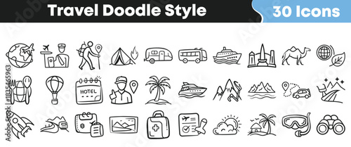 Travel doodle icon set with hand-drawn symbols for adventure, transport, camping, tourism, navigation and holiday activities