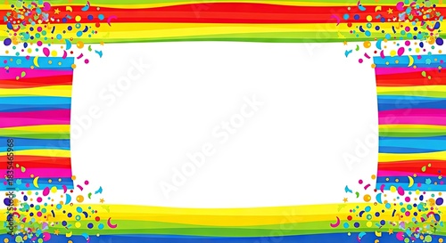 Colorful rainbow frame with confetti on a white background  