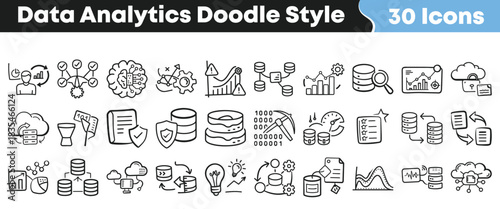 Data analytics doodle icon set with hand drawn database, chart, cloud, AI, machine learning and processing symbols