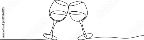 Single continuous line drawing of two wine glasses clinking gently in a smooth and elegant minimalist composition, vector illustration