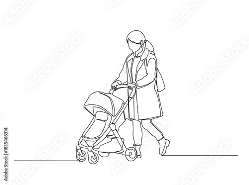Continuous Line Drawing of Mother Pushing Baby Stroller in Park