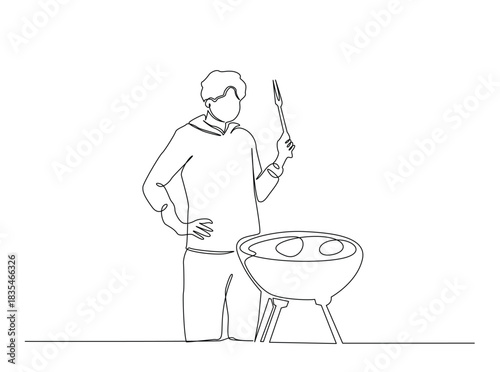 Continuous Line Drawing of man cooking food on bbq grill.