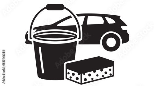 Essential black and white iconography representing vehicle cleaning supplies like a bucket and sponge next to an automobile silhouette